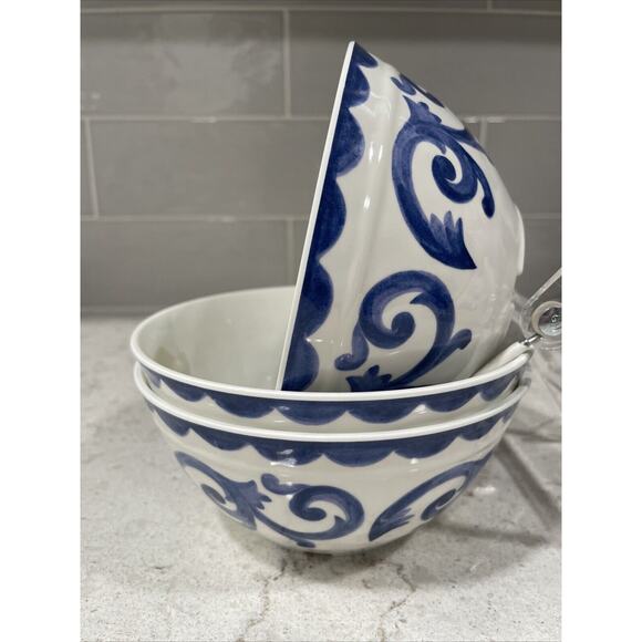 Set of 3 BLUE ROSE SCROLL 6x2.75” Melamine Bowls Artisan De Luxe Salsa Dip Bowl - Picture 2 of 4